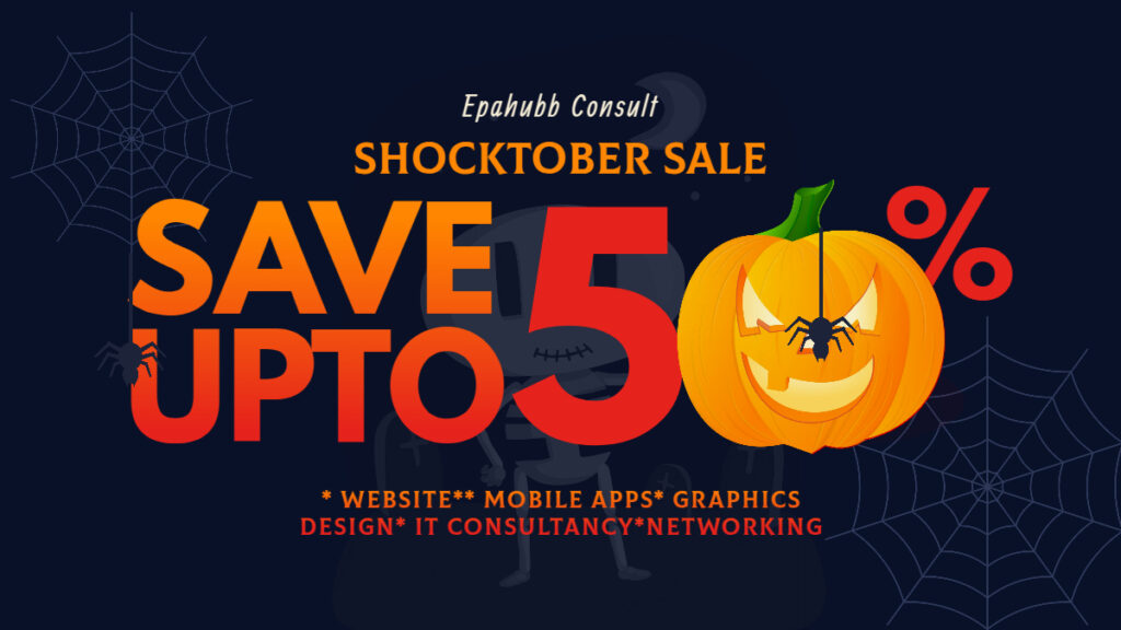 Epahubb Consult November sale banner showing 50% discount on website design, mobile apps, graphics, IT consultancy, and networking services.